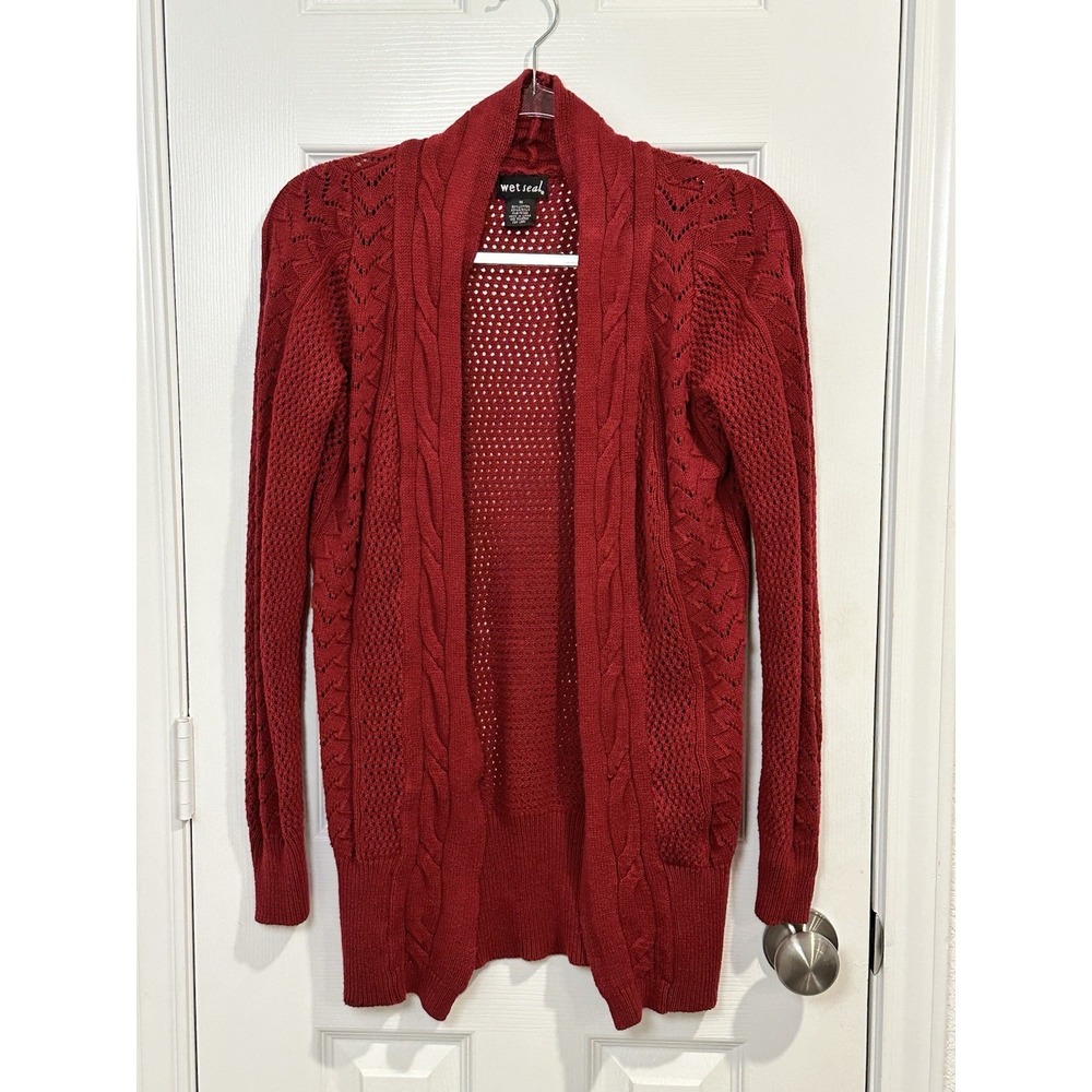 Wet Seal Open Front Cardigan Cable Knit‎ Sweater Dark Red Size Medium Juniors